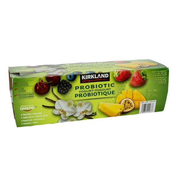 A Kirkland Signature Probiotic Yogurt Variety Pack of fruit and vegetables in a white box.