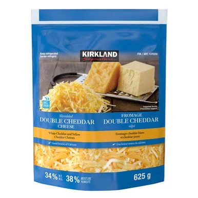 Kirkland Signature Shredded Double Cheddar Cheese in a bag.