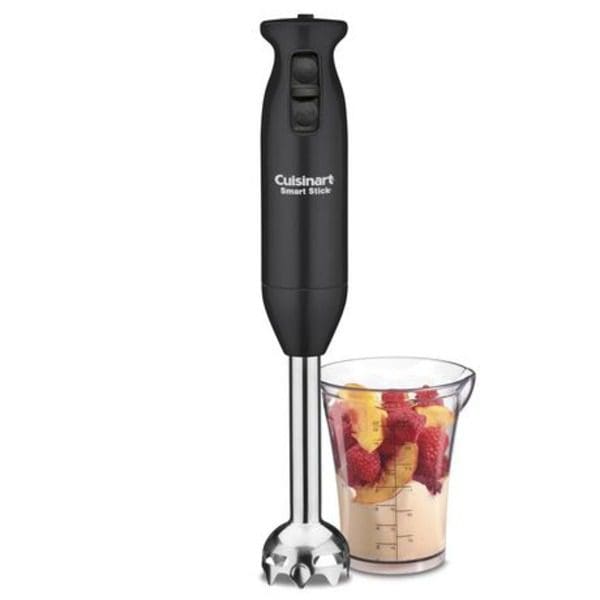 A Cuisinart CSB-75BKC Smart Stick Two-Speed Hand Blender with a cup of fruit next to it.