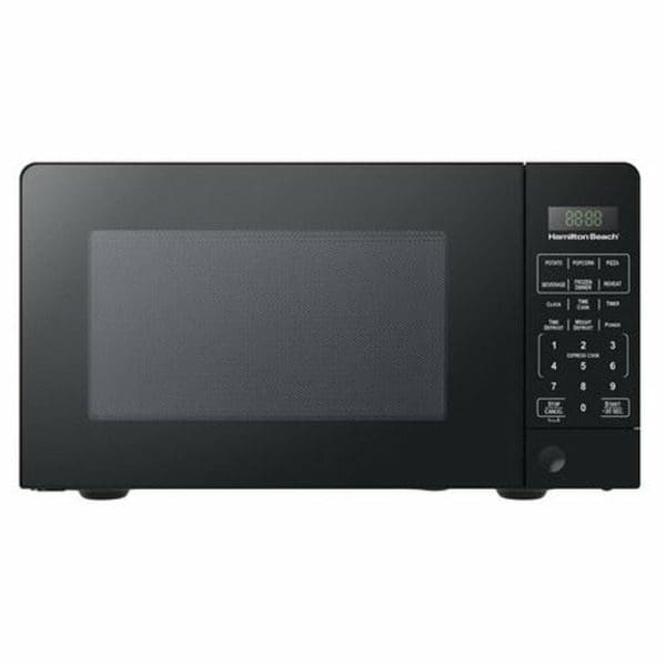 A Hamilton Beach 700W Compact Size Microwave - Black on a white background.