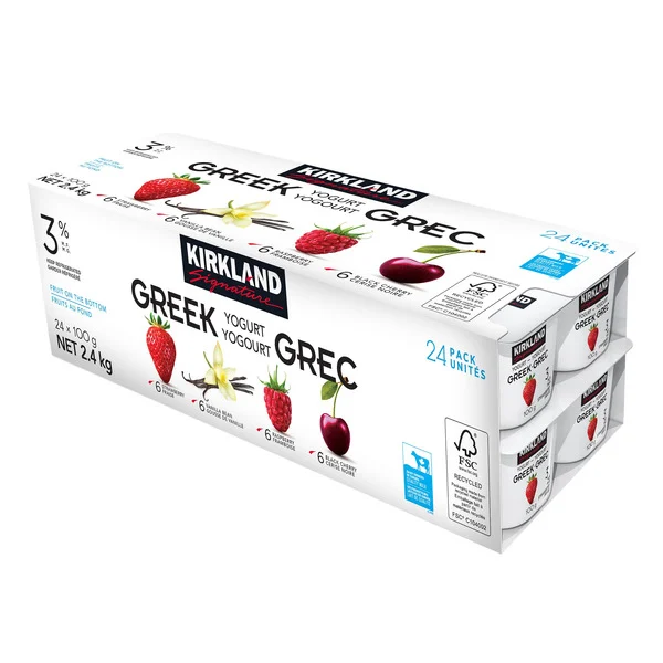 A Kirkland Signature 3% Greek Yogurt Variety Pack with strawberries and raspberries.
