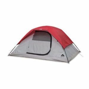 A red and gray Ozark Trail 4-Person Dome Tent on a white background.