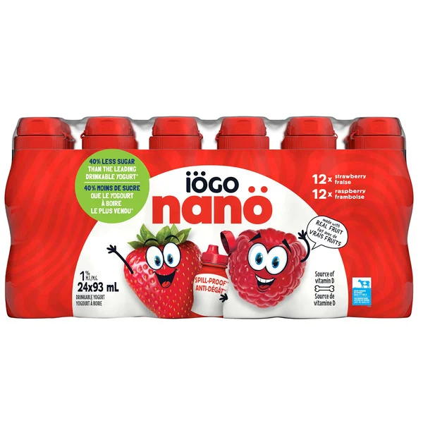 A bottle of Iogo Assorted 1.5% Nano Drinkable Yogurt strawberry juice.