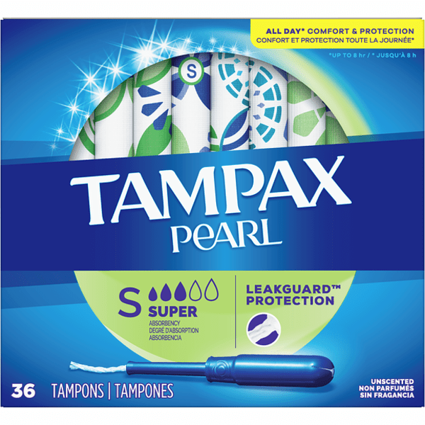 TAMPAX Pearl Super Plus Unscented Tampons in a box.