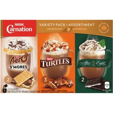 A variety pack of caramels, chocolates, and marshmallows from Carnation Rich and Creamy Hot Chocolate.