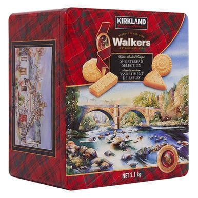 A tin of Kirkland Signature Walkers Shortbread Selection Cookies.
