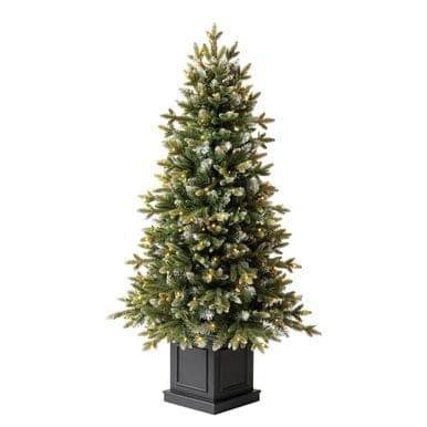 A Pre-Lit Artificial Christmas Tree in a black pot on a white background.