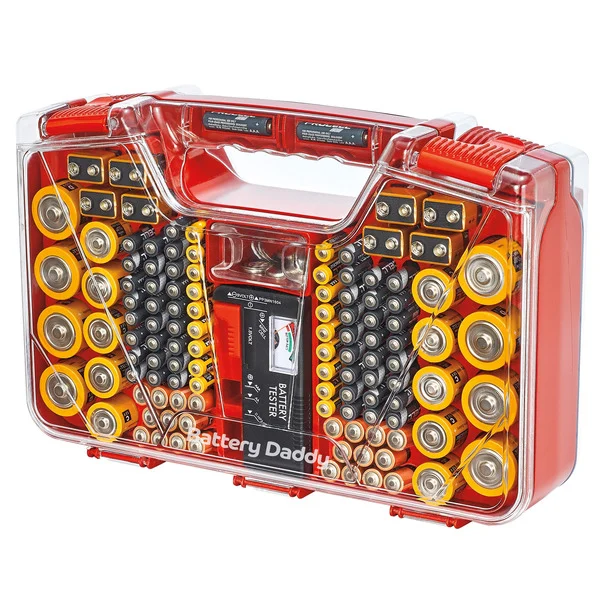 A red Ontel Battery Daddy 180 Battery Organizer and Storage Case with Tester with a lot of batteries in it.