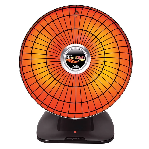 A red and orange Presto HeatDish Plus Tilt Parabolic Heater on a stand.