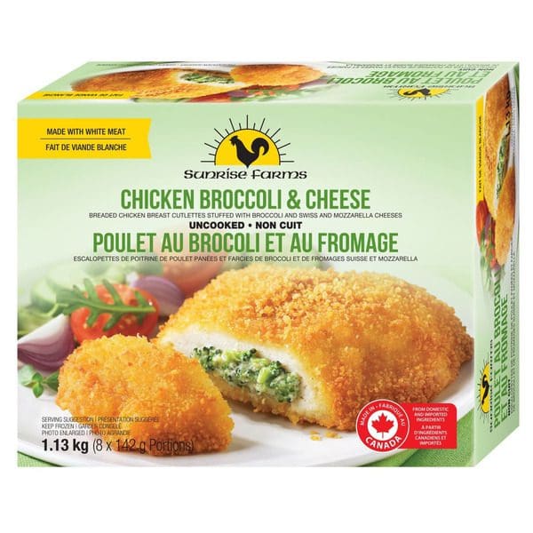 A box of Sunrise Farms Chicken Broccoli & Cheese.
