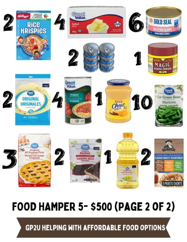 A list of food items that are included in Hamper five 500 dollars.