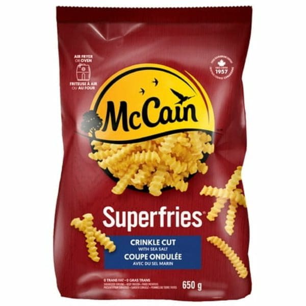 A bag of McCann's superfoods. -> A bag of McCain Crinkle Cut Superfries.