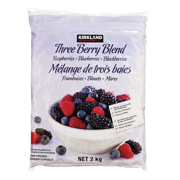 A bag of Kirkland Signature Frozen 3 Berry Blend.