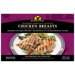 A package of Sunrise Farms Frozen Boneless Skinless Chicken Breasts.