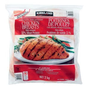 A package of Kirkland Signature Boneless Skinless & Seasoned Chicken Breast in a plastic bag.