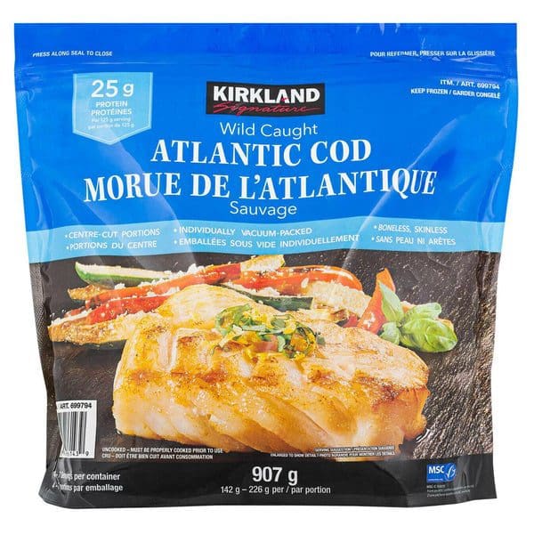 A bag of Kirkland Signature Frozen Atlantic Cod Loins sausage.