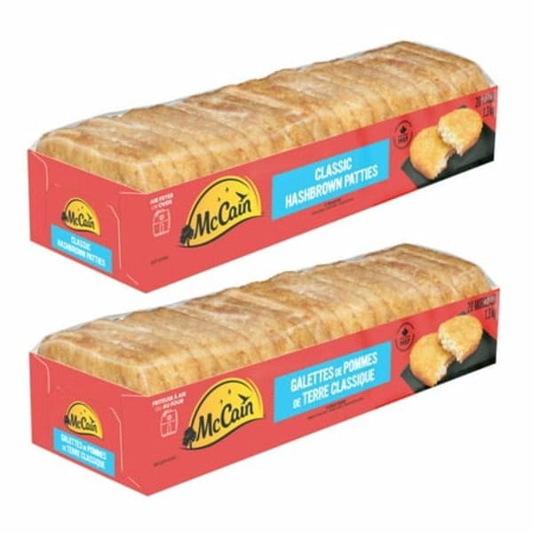 Two boxes of McCain Potato Patties are shown on a white background.