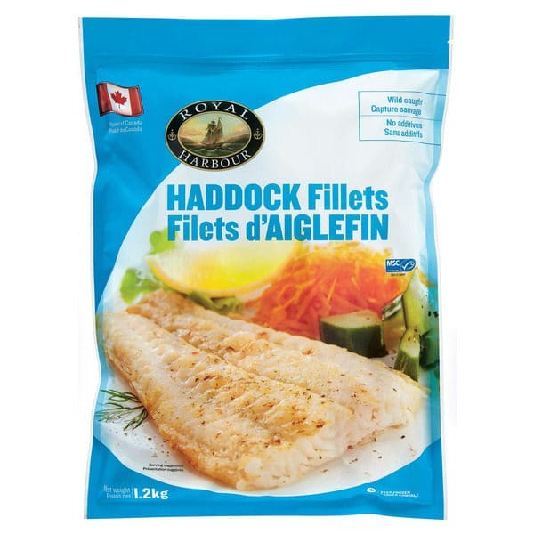 A bag of Royal Habour Frozen Haddock Fillets.