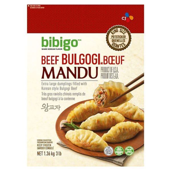 A package of Bibigo Frozen Beef Bulgogi Mandu dumplings with chopsticks.