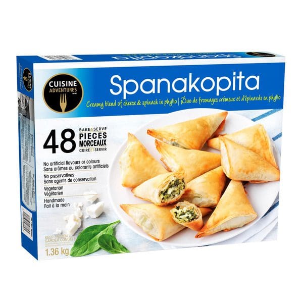 A box of Cuisine Adventures Spanakopita Green Spinach Pie with spinach and cheese.