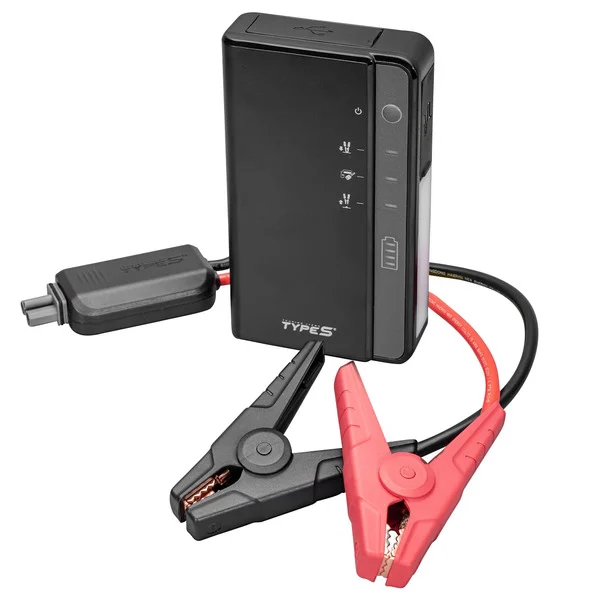 A TYPE S Portable Jump Starter & Power Bank With Emergency Multimode Floodlight connected to a jumper cable.