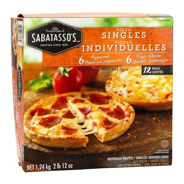 A box of Sabatasso's Frozen Cheese & Pepper Pizzas Variety Pack.