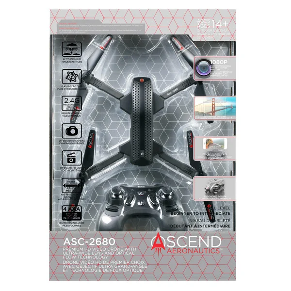 An Ascend Aeronautics Premium HD Video Drone With Optical Flow Technology in the packaging.