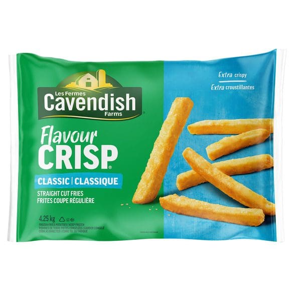 A bag of Cavendish Flavour Crisp Straight Cut Fries on a white background.