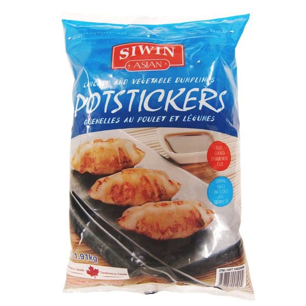 A bag of Siwin Potstickers Chicken & Vegetable Potstickers on a white background.