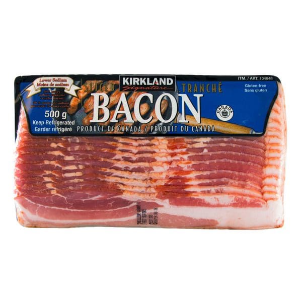 A package of Kirkland Signature Low Salt Bacon on a white background.