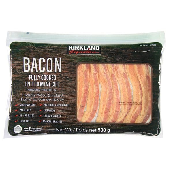 Kirkland Signature Precooked Bacon in a plastic bag.