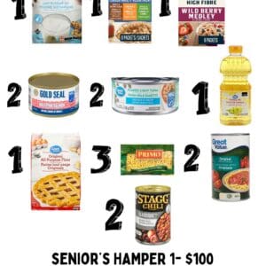 Senior Hamper 100 dollars helping food options.
