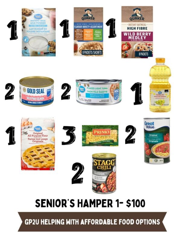 Senior Hamper 100 dollars helping food options.