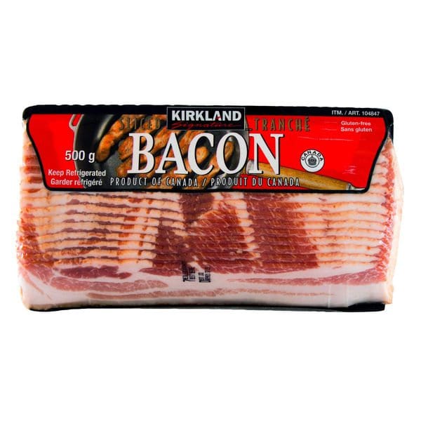 A package of Kirkland Signature Sliced Bacon on a white background.