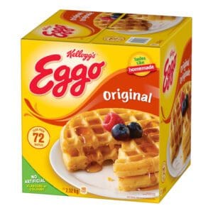 A box of Kellogg’s Eggo Waffles on a white background.