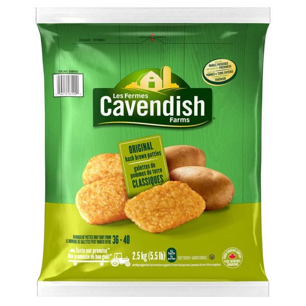 A bag of Cavendish Farms Hash Brown Patties on a white background.
