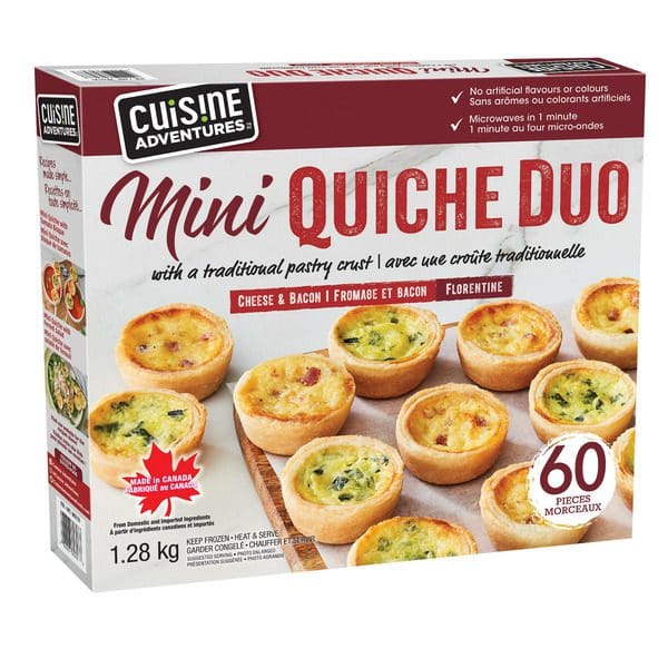 A box of Cuisine Adventures Mini Quiche Duo.