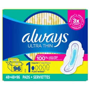 Always Ultra Thin pads, 96 count, regular size.