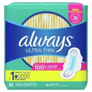 Always Ultra Thin sanitary pads, 62 count.