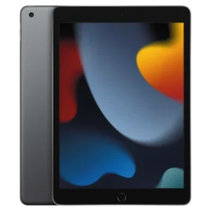 Black iPad with colorful abstract screen.